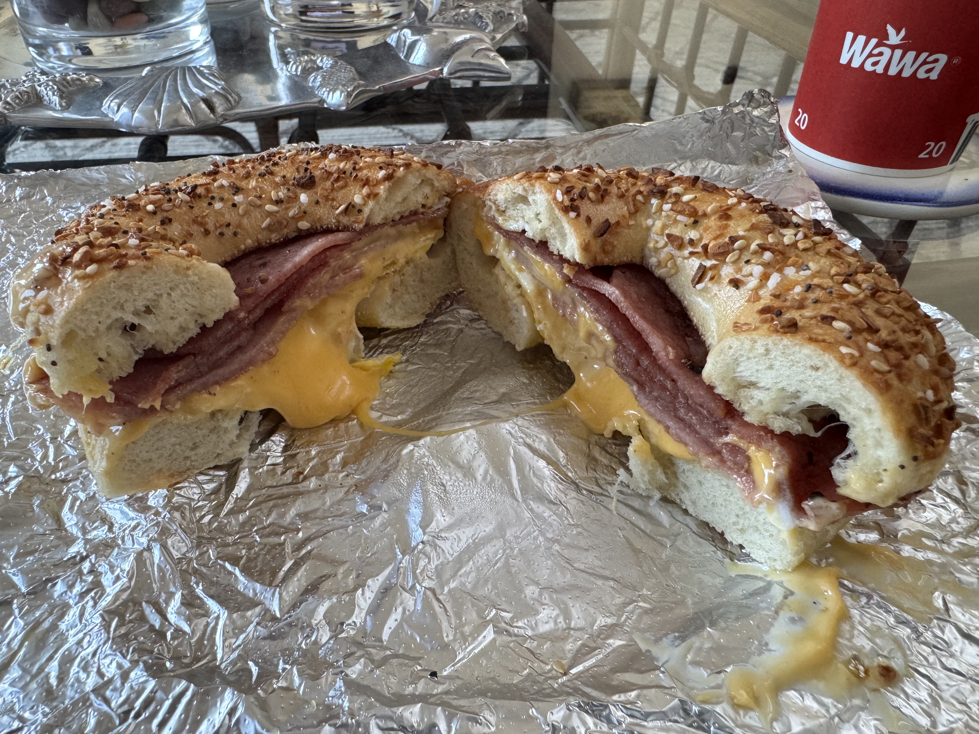 Pork roll egg & cheese on everything bagel toasted