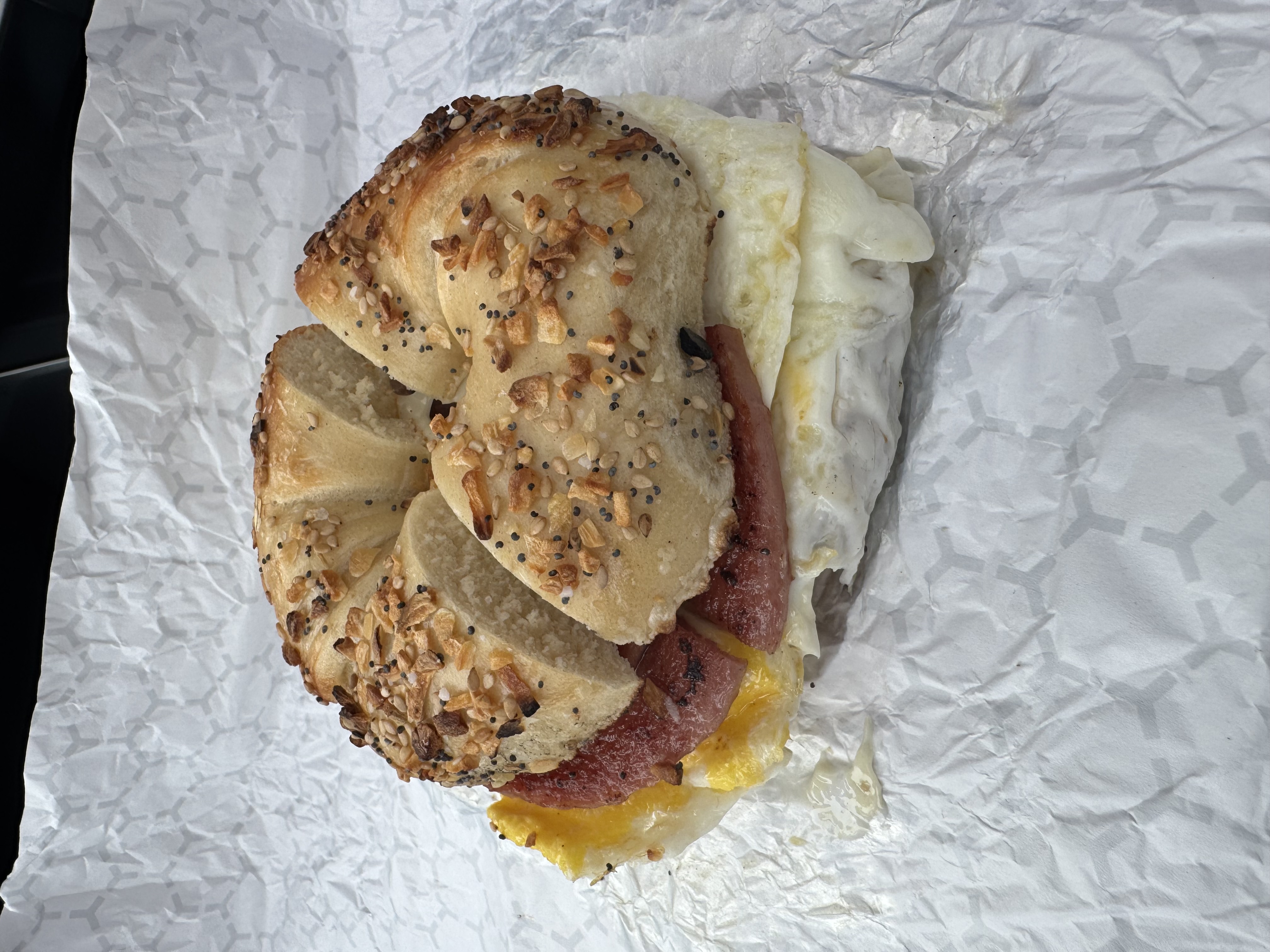 Pork roll egg & cheese on everything bagel toasted